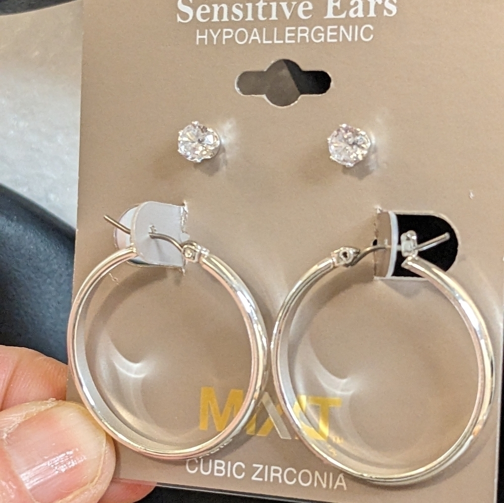 NWT Mixit Silver Hypoallergenic Hoops and Rhinestone Studs